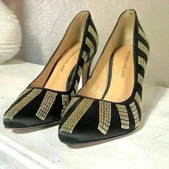 ANTONIO MELANI, black/gold studs, pointed toe, 3 1/2" heel, SZ: 6.5M - Picture 2 of 11